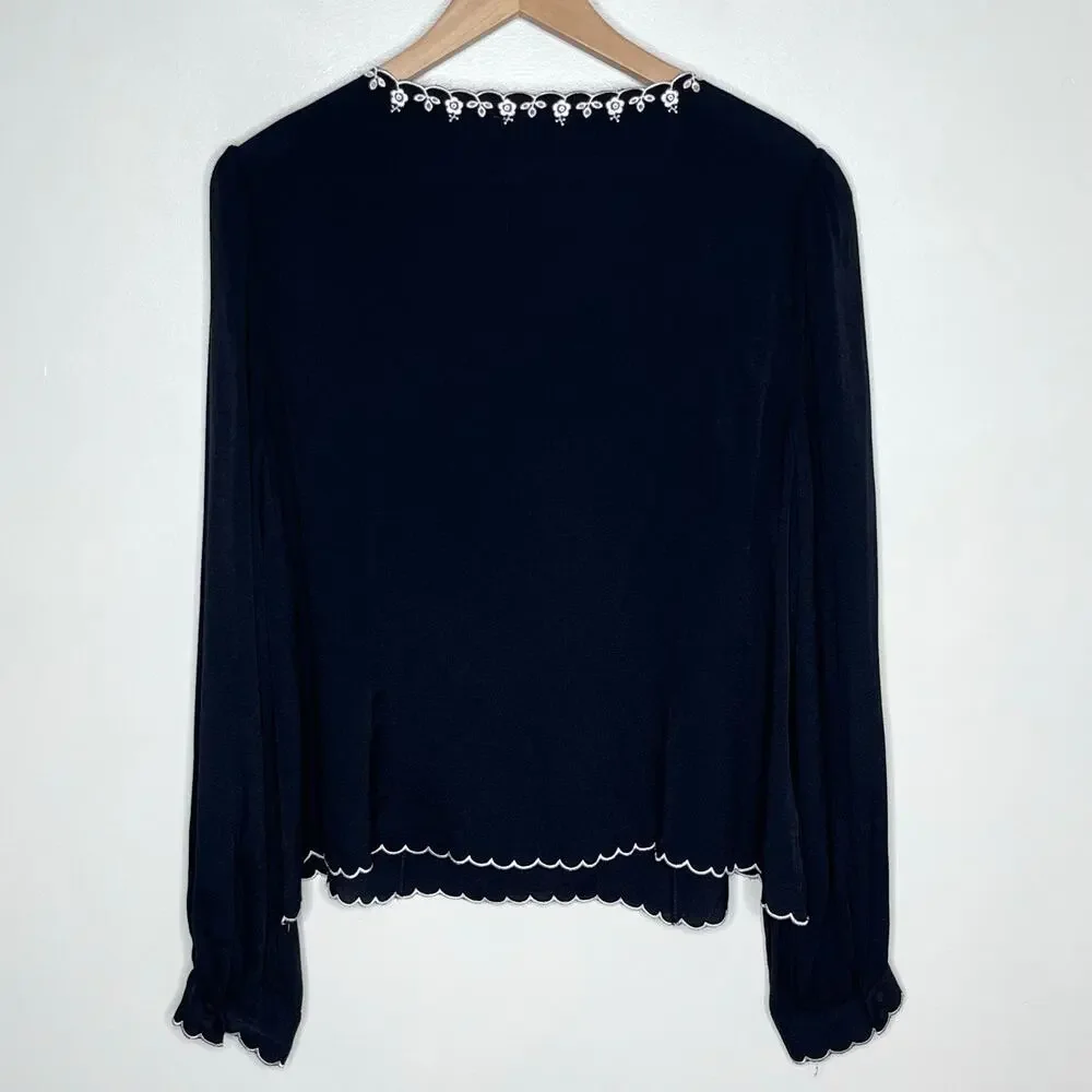 Reformation Vivia Embroidered Scallop Top Black Long Sleeve Tie Front